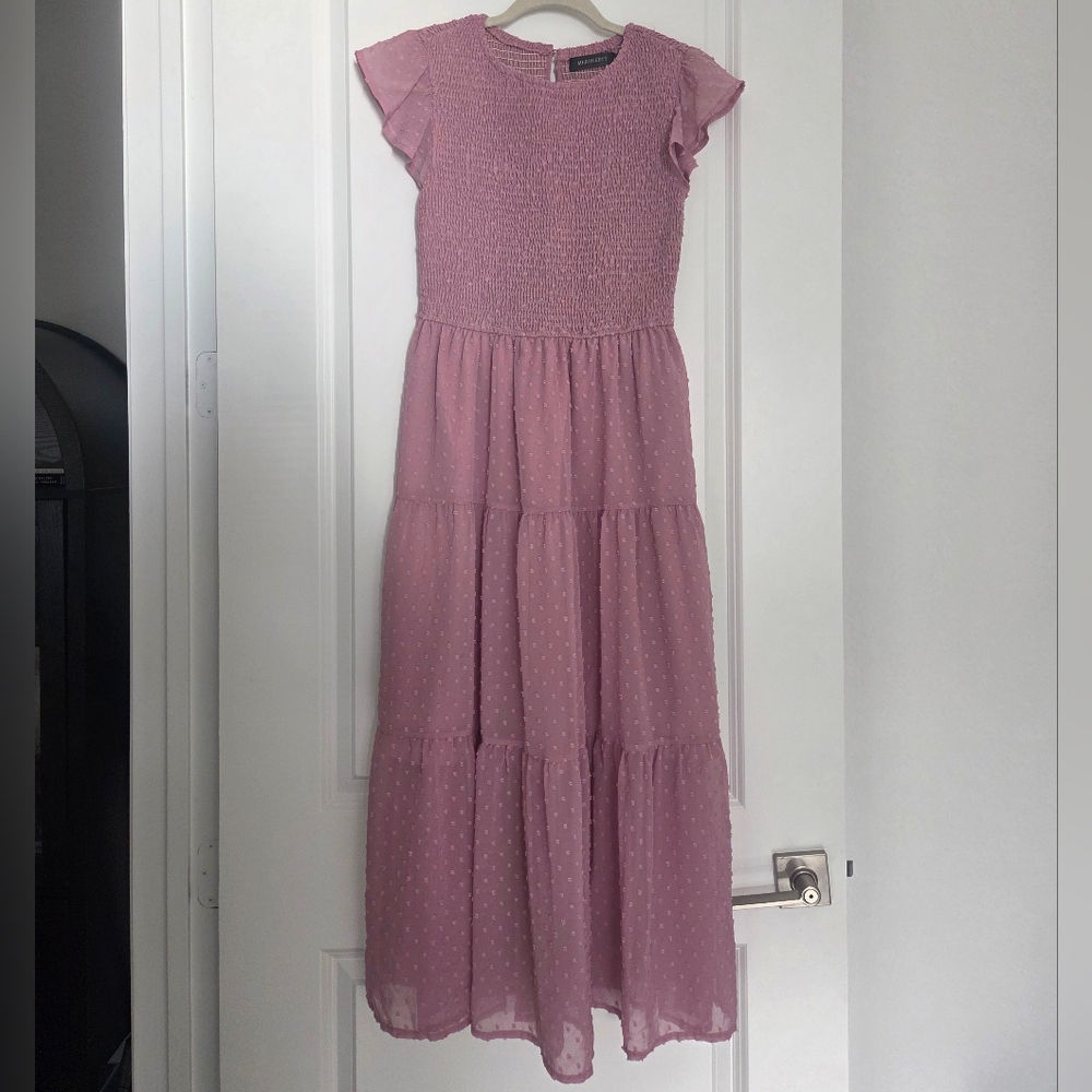 Mauve Swiss Dot Smocked Tiered Maxi Dress